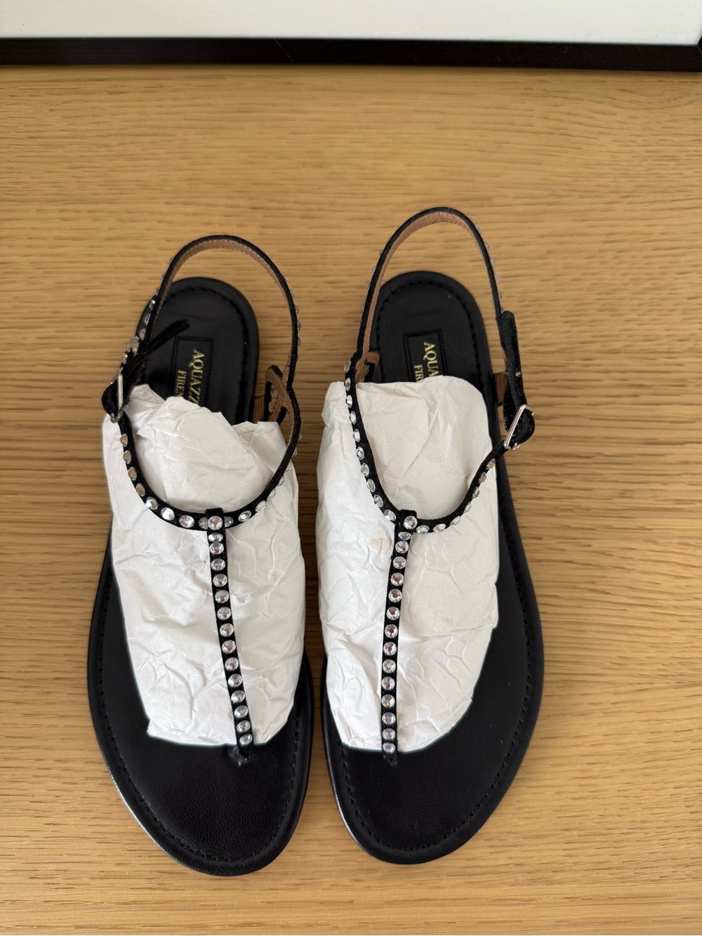 Aquazzura Almost Bare Black Crystal-Embellished T-Strap Leather Sandals 38